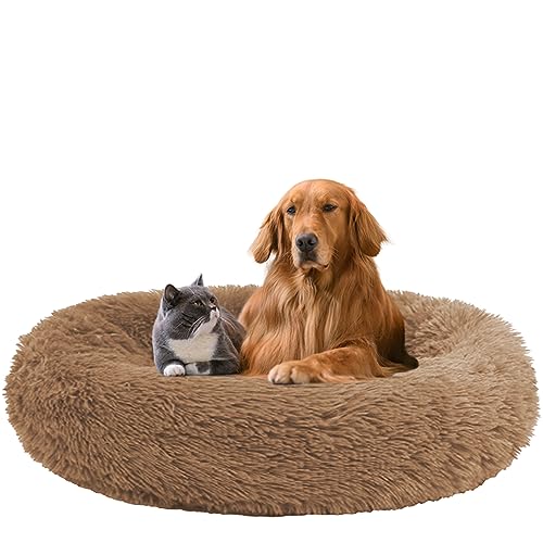 NENIUX Beruhigendes Donut-Hundebett, Haustierbett, Anti-Angst, rund, Welpensofa, Katzenkissen, maschinenwaschbar mit rutschfester Unterseite, für kleine/mittelgroße Hunde, 130 cm, Khaki von NENIUX