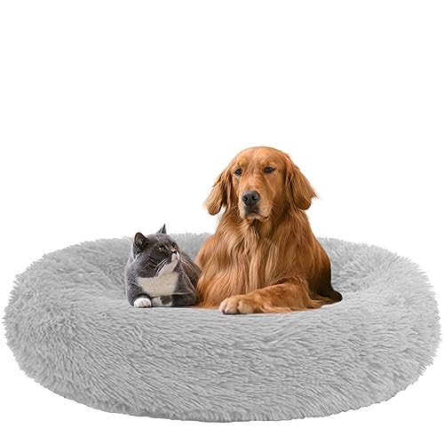 NENIUX Beruhigendes Donut-Hundebett, Haustierbett, Anti-Angst, rund, Welpensofa, Katzenkissen, maschinenwaschbar mit rutschfester Unterseite, für kleine/mittelgroße Hunde, 90 cm, Grau von NENIUX