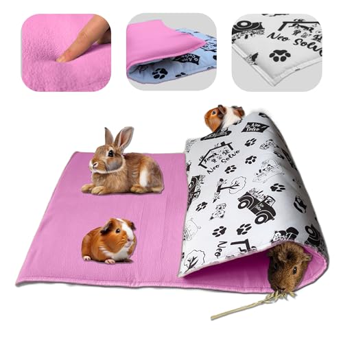 NEO SOLVO 3-in-1 Fleece - Matte, Decke und riesen Tunnel für Meerschweinchen und Kaninchen- 60 x 120 cm faltbar- saugfähige rosa Seite- weiche und kühle weiße Seite- Midwest-Käfigformat von NEO SOLVO