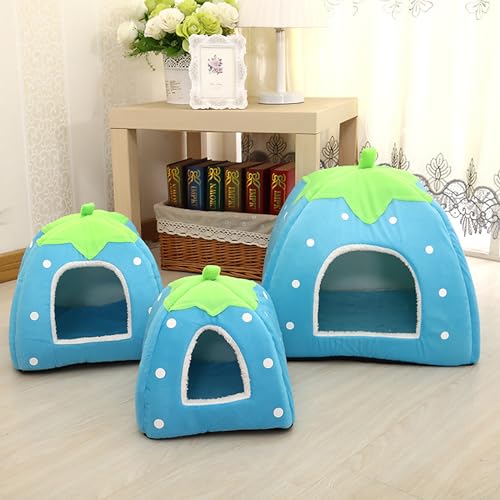 Jurte Zelt Haustierbett Haus Hundehaus Bett Katzenbett Abnehmbares Haustierbett Haustier Warmes Haus Zwinger Katzennest Hundekäfig Erdbeernest (Color : Blue, Size : L) von NEOFEN