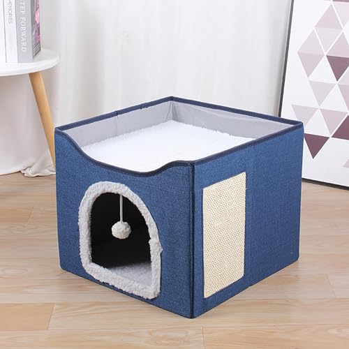 Katzenbett für Katzen im Innenbereich, Würfelhaus – große Katzenhöhle für Haustierkatzenhaus mit Flauschiger Ballaufhängung und Kratzunterlage, Faltbarer Katzenversteck (Color : Blue, Size : 41x41x3 von NEOFEN