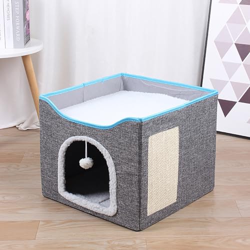 Katzenbett für Katzen im Innenbereich, Würfelhaus – große Katzenhöhle für Haustierkatzenhaus mit Flauschiger Ballaufhängung und Kratzunterlage, Faltbarer Katzenversteck (Color : Grey, Size : 41x41x3 von NEOFEN