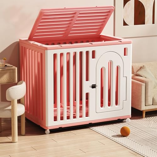 NEONMAN Hundekäfig dog crate hundekäfig für zuhause hundegitterbox hunde käfig für Welpen kleine und mittelgroße Hunde aus PE-Kunststoff mit Rädern Fluchtschutz, Schloss, Kunststoffwanne(Rosa,Medium(O von NEONMAN