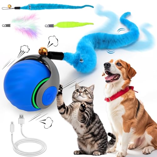 Interaktives Katzenball Spielzeug, Elektrisch Katzenspielzeug Ball interaktives Spielzeug mit Schwanz für Katzen Katzenspielzeug Selbstbeschäftigung,Über USB Wiederaufladbares(Short Tail) blau von NEOVSUNY