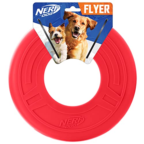 Nerf Dog Atomic Flyer Outdoor Hundespielzeug, 10 Zoll Flying Disc Dog Apportierspielzeug, Gummi Hundespielzeug für mittelgroße Hunde und große Hunde, Rot von Nerf Dog