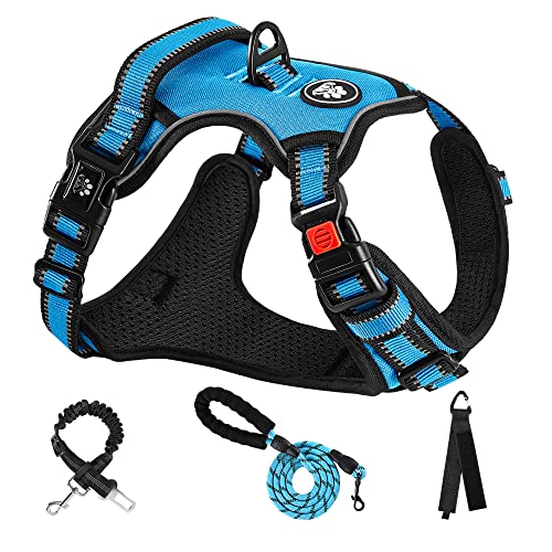 NESTROAD Anti Zieh Hundegeschirr Große Hunde Leine Geschirr Set Blau, Größe XL für Hunde Grosse mit Halsumfang 43~64CM Brustumfang 53~89CM, enthalten Brustgeschirre, Hundeleine, Sicherheitsgurt von NESTROAD