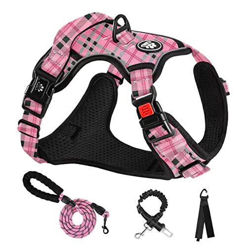 NESTROAD Hundegeschirr Große Hunde Leine Geschirrset Kariert Rosa, Größe L für Hunde Grosse mit Halsumfang 38~48CM Brustumfang 48~74CM, enthalten Brustgeschirre Hundeleine Sicherheitsgurt Auto von NESTROAD