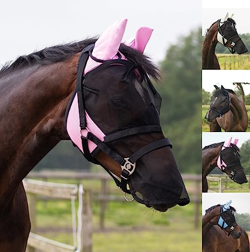 netproshop Fliegenmaske mit Abnehmbarem Nüsternschutz Fliegenhaube Größe Mini-XFull, Groesse:Shetty, Farbe:Schwarz/Rosa von NETPROSHOP