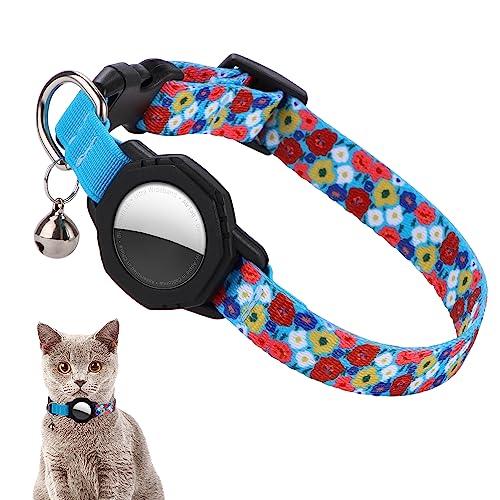 NEWSOFLY Airtag Katzenhalsband, Kätzchenhalsband mit Apple Airtag-Halter und Glocke für Mädchen, Jungen, Katzen und Welpen (17,8 - 25,4 cm, bunte Blumen) von NEWSOFLY