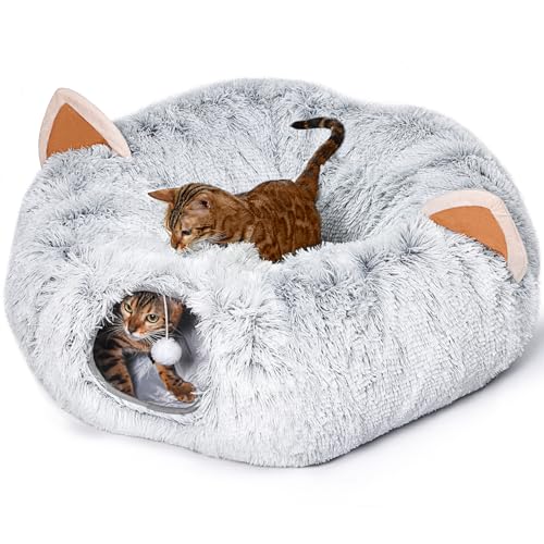 NEZIN Katzentunnel mit Katzenbett für Indoor-Katzen, zusammenklappbare Plüsch-Peekaboo-Katzenhöhle, multifunktionaler Katzentunnel, Donut-Spielzeug für kleine mittelgroße große Katzen, Kätzchen, von NEZIN
