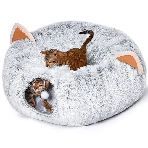 NEZIN Katzentunnel mit Katzenbett für Indoor-Katzen, zusammenklappbare Plüsch-Peekaboo-Katzenhöhle, multifunktionaler Katzentunnel, Donut-Spielzeug für kleine mittelgroße große Katzen, Kätzchen, von NEZIN