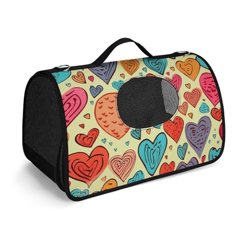 NHYDSPQ Haustier-Handtasche, buntes Herzmuster, modische Hundetragetasche für Katzen und kleine Hunde, jede Reise und Outdoor-Aktivität, 45 x 26 x 23,5 cm, Stil von NHYDSPQ