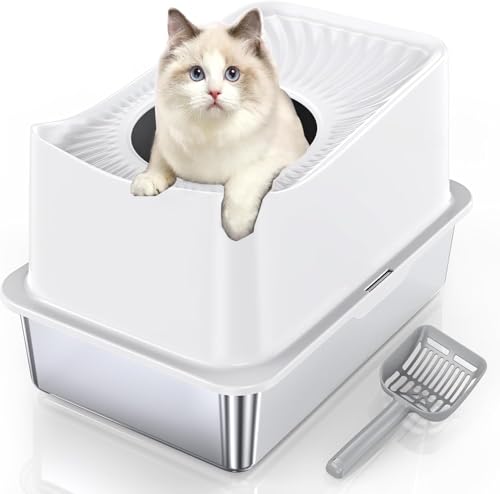 Edelstahl-Katzentoilette – Innengröße 56 x 38 x 33 cm, großer Platz für Ihre Liebsten, ABS-Deckel mit oberem Eingang (23 cm Durchmesser), Metall-Boden nimmt keine Gerüche auf, leicht zu reinigen, für von NIDAYE