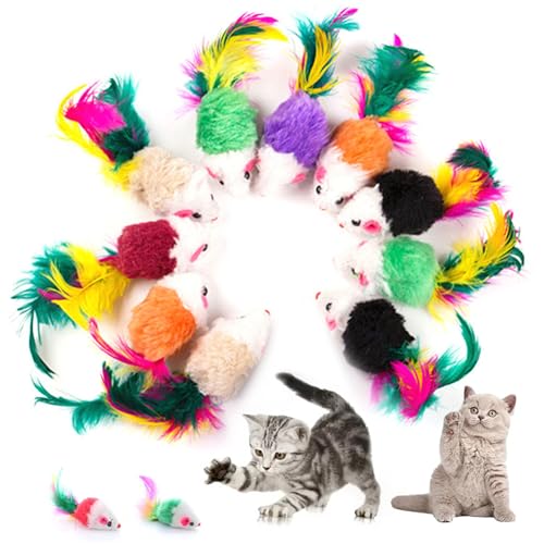 NIDONE 10pcs Kätzchenspielzeug, farbenfrohe Katze Mausspielzeug 4 Zoll Plüsch Rasseln Mauskatze Spielzeug mit Federn Schwanz Mini -Mäusen für Innenkatzen interaktives Spiel, Katzenspielzeug von NIDONE