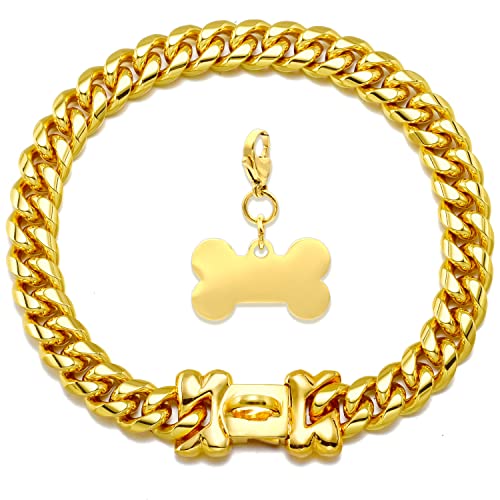 NIKPET Goldfarbenes Hundehalsband, 18 Karat Metall, Edelstahl, kubanische Gliederkette, robust, kaufest, 25,4 cm bis 66 cm, für kleine, mittelgroße und große Hunde (14 mm, 45,7 cm) von NIKPET