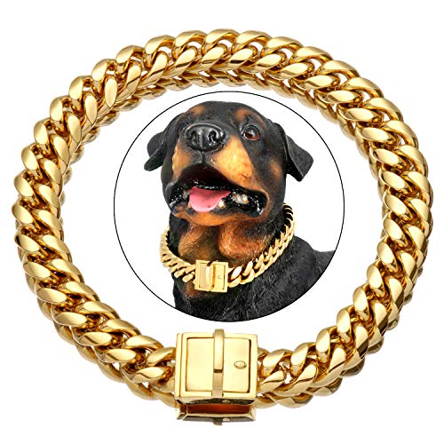 NIKPET Goldfarbenes Hundehalsband, 18 Karat Metall, Edelstahl, kubanische Gliederkette, stark, robust, kaufest, Walking-Training, Choke-Halsband, 25.4 cm bis 66 cm, große Hunde (15 mm, 35.6 cm) von NIKPET