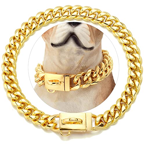 NIKPET Hundehalsband, Goldkette, 14 mm, Kettenhalsband mit sicherer Schnalle, 18 Karat Gold, kubanische Glieder, robustes Edelstahl, Metallhalsband für kleine, mittelgroße Hunde (45,7 cm) von NIKPET