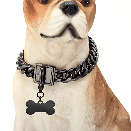 NIKPET Hundehalsband, Metall, Edelstahl, kubanische Gliederkette, stark, robust, kaufest, 25,4 cm bis 66 cm, für kleine, mittlere, große Hunde (14 mm, 61 cm) Schwarz von NIKPET