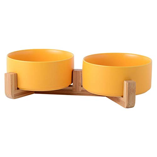 Keramik Pet Bowl Cat Puppy Fütterungszubehör Double Pet Bowls Hundefutter Water Feeder Hundezubehör Langlebige Mehrfarbenoption-Double Yellow, M 15,5 cm von NIQIU