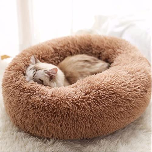 NIQIU 10 Farben Super Weiches Katzenbett Runder Flauschiger Katzenschlafkorb Lange Plüsch Warme Haustiermatte Niedlich Leichte Bequeme Berührung Zwinger-Khaki,40cm von NIQIU