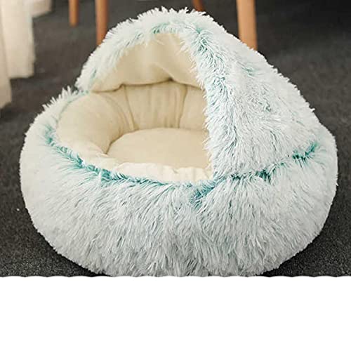 NIQIU 2 In 1 Katzenbett Haus Langes Plüsch Hundebett Donut Höhlenkuschel Warmer Schlafsack Sofa Kissen Nest für Kleine Welpen Kätzchen-Grün Creme Flanell,65cm für 13kg,Frankreich von NIQIU