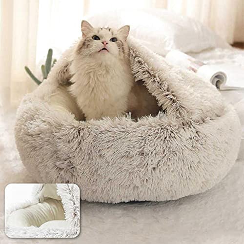 NIQIU 2 in 1 Katzenbett Haus Langes Plüsch Hundebett Donut Höhlenkuschel Warmer Schlafsack Sofakissen Nest für kleine Welpen Kätzchen-Kaffee Creme Flanell,40cm für 5kg,Polen von NIQIU