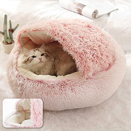 NIQIU 2 in 1 Katzenbett Haus Langes Plüsch Hundebett Donut Höhlenkuschel Warmer Schlafsack Sofakissen Nest für kleine Welpen Kätzchen-Rosa Creme Flanell,65cm für 13kg,Frankreich von NIQIU