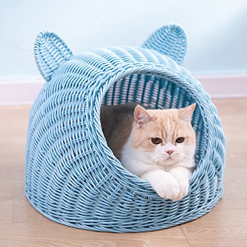 NIQIU Handgemachtes Reise-Katzenbett-Nest Waschbar Vier Jahreszeiten Universal Niedliche Form Geschlossene Rattan-Katzenhaus-Imitation Starkes Durable-Light Cyan,L 50X50CM von NIQIU