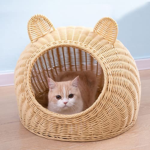 NIQIU Handgemachtes Reise-Katzenbett-Nest Waschbar Vier Jahreszeiten Universell Niedliche Form Geschlossen Nachahmung Rattan Katzenhaus Stark Langlebig-Hellgelb,L 50X50CM von NIQIU