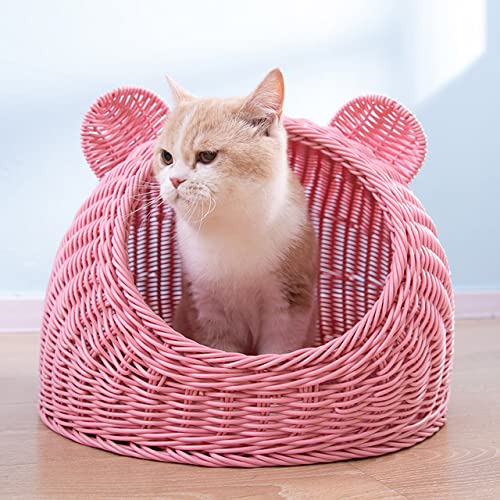 NIQIU Handgemachtes Reisekatzenbett Nest Waschbar Vier Jahreszeiten Universal Niedliche Form Geschlossen Nachahmung Rattan Katzenhaus Stark Langlebig-Rosa,L 50X50CM von NIQIU