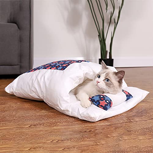 NIQIU Japanisches Katzenbett Warmer Katzenschlafsack Tiefschlafhöhle Winter Abnehmbares Haustierhausbett für Katzen Hunde Nestkissen mit Kissen-D,L 65x50cm,Deutschland von NIQIU