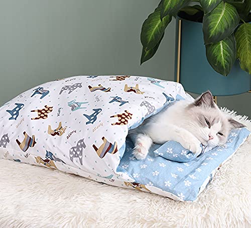 NIQIU Japanisches Katzenbett Warmer Katzenschlafsack Tiefschlafhöhle Winter Abnehmbares Haustierhausbett für Katzen Hunde Nestkissen mit Kissen-F,M 55x40cm,USA von NIQIU