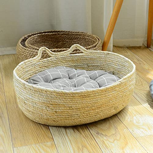 NIQIU Katzenbett Korb Nest Gras gewebtes Haustier Schlafbett Haus Nesting Rest Niedlicher Spaß Scratcher Kratzen Kratzmatte Pad Puppy Indoor-D2 mit Kissen,Durchmesser 34x13cm von NIQIU