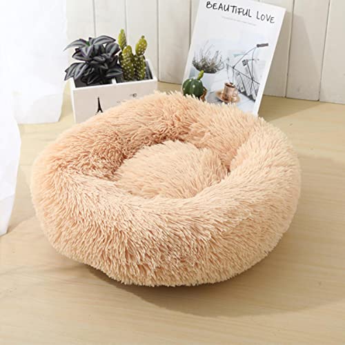 NIQIU Runde Katzenbetten Haus Weiches Plüschtierbett Winter Warmes Katzenschlafbett Schlafkorb Langes Plüsch Hundebett Katzenzubehör-Champagner Gold,50cm von NIQIU