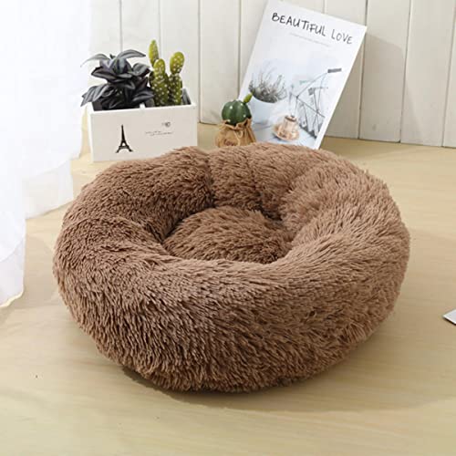 NIQIU Runde Katzenbetten Haus Weiches Plüschtierbett Winter Warmes Katzenschlafbett Schlafkorb Langes Plüsch Hundebett Katzenzubehör-Hellbraun,40cm von NIQIU