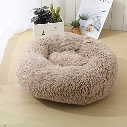 NIQIU Runde Katzenbetten Haus Weiches Plüschtierbett Winter Warmes Katzenschlafbett Schlafkorb Langes Plüsch Hundebett Katzenzubehör-Khaki,60cm von NIQIU