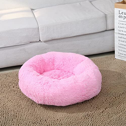 NIQIU Runde Katzenbetten Haus Weiches Plüschtierbett Winter Warmes Katzenschlafbett Schlafkorb Langes Plüsch Hundebett Katzenzubehör-Rosa,100cm von NIQIU