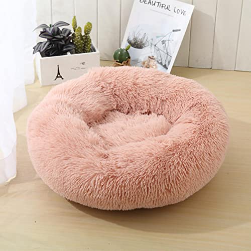 NIQIU Runde Katzenbetten Haus Weiches Plüschtierbett Winter Warmes Katzenschlafbett Schlafkorb Langes Plüsch Hundebett Katzenzubehör-Rosa 1,40cm von NIQIU