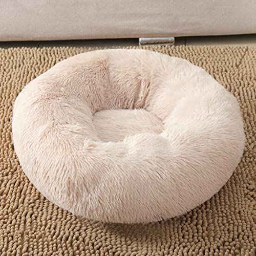 NIQIU Runde Katzenbetten Haus Weiches Plüschtierbett Winter Warmes Katzenschlafbett Schlafkorb Langes Plüsch Hundeschlafbett Katzenzubehör-Aprikose Farbe,60cm von NIQIU