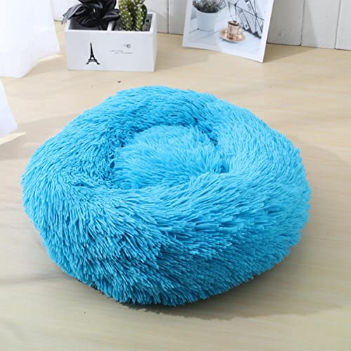 NIQIU Runde Katzenbetten Haus Weiches Plüschtierbett Winter Warmes Katzenschlafbett Schlafkorb Langes Plüsch Hundeschlafbett Katzenzubehör-Blau,60cm von NIQIU