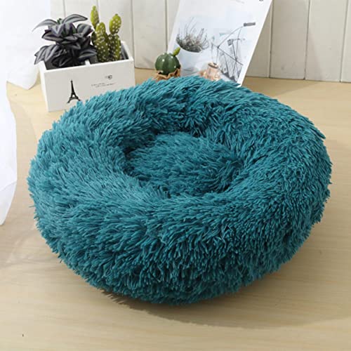 NIQIU Runde Katzenbetten Haus Weiches Plüschtierbett Winter Warmes Katzenschlafbett Schlafkorb Langes Plüsch Hundeschlafbett Katzenzubehör-Cyan-Blau,40cm von NIQIU