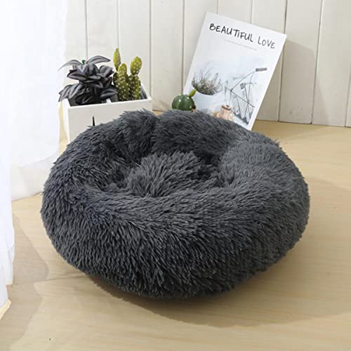 NIQIU Runde Katzenbetten Haus Weiches Plüschtierbett Winter Warmes Katzenschlafbett Schlafkorb Langes Plüsch Hundeschlafbett Katzenzubehör-Dunkelgrau,40cm von NIQIU