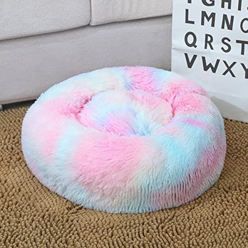 NIQIU Runde Katzenbetten Haus Weiches Plüschtierbett Winter Warmes Katzenschlafbett Schlafkorb Langes Plüsch Hundeschlafbett Katzenzubehör-Tie-Dyed Pink,100cm von NIQIU