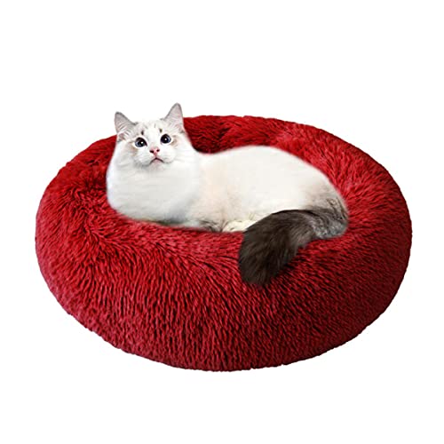 NIQIU Rundes Katzenbett Haus Weicher Langer Plüsch Beste Haustier-Hundebetten für Hunde Korb Haustierprodukte Kissen Katzenbett Katzenmatte Tiere Schlafen Sofa-Rotwein,50cm von NIQIU