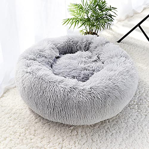 NIQIU Super Weiches Katzenbett Haus Warm Winter Katzenwelpen Schlafen Betten Nest Langes Plüsch Kätzchen Rundes Sofa Kleine Hunde Katzenzwinger Anti Rutsch-hellgrau,50cm von NIQIU