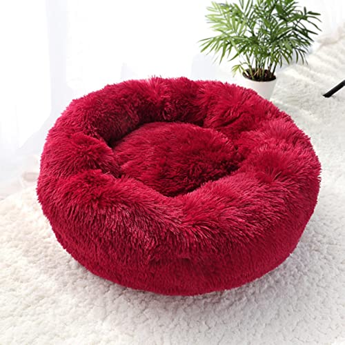 NIQIU Super Weiches Katzenbett Haus Warme Winter Katzenwelpen Schlafen Betten Nest Langes Plüsch Kätzchen Rundes Sofa Kleine Hunde Katzenzwinger rutschfest-rot,50cm von NIQIU