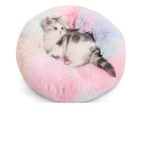 NIQIU Super weiches langes Plüsch Katzenbett Haustiermatte Haus Hundebett Winter Warmes Schlafen Katzennest Rundes Katzenkissen Komfortable Heimtierbedarf-04 Regenbogen,XL 70CM,Spanien von NIQIU