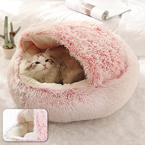 NIQIU Warmes Katzenbett Rundes Plüschhaus Weiches Schlafsofa Haustier Hund Katzenbett Lange Plüschbetten für kleine mittelgroße Hunde Katzen Nest Höhlenkissen-Rosa,40cm von NIQIU