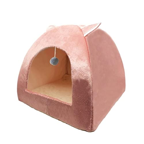 NIQIU Winter Katzennest Mehrzweckzelt Kätzchen Katzenbett rutschfest Wasserdicht Faltbar Plüsch Baumwolle Matt-Dunkelrosa mit Ball,M 33cm 33cm 38cm von NIQIU