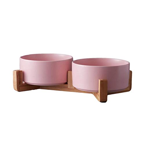 Niedliche Keramik Pet Bowl Katzenwelpen Fütterungszubehör Doppelschalen Hundefutter Wasserzufuhr Mit Holzregal Halsschutz Katzenschale-Doppelrosa, M Durchmesser 15,5 cm von NIQIU